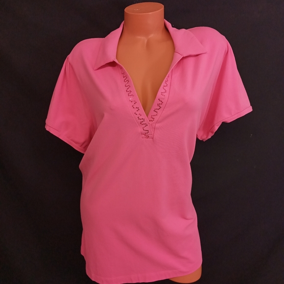22/24W PINK L.a. blues perfect fit stretch FLAT sequins v neck detail collar top - Picture 1 of 9